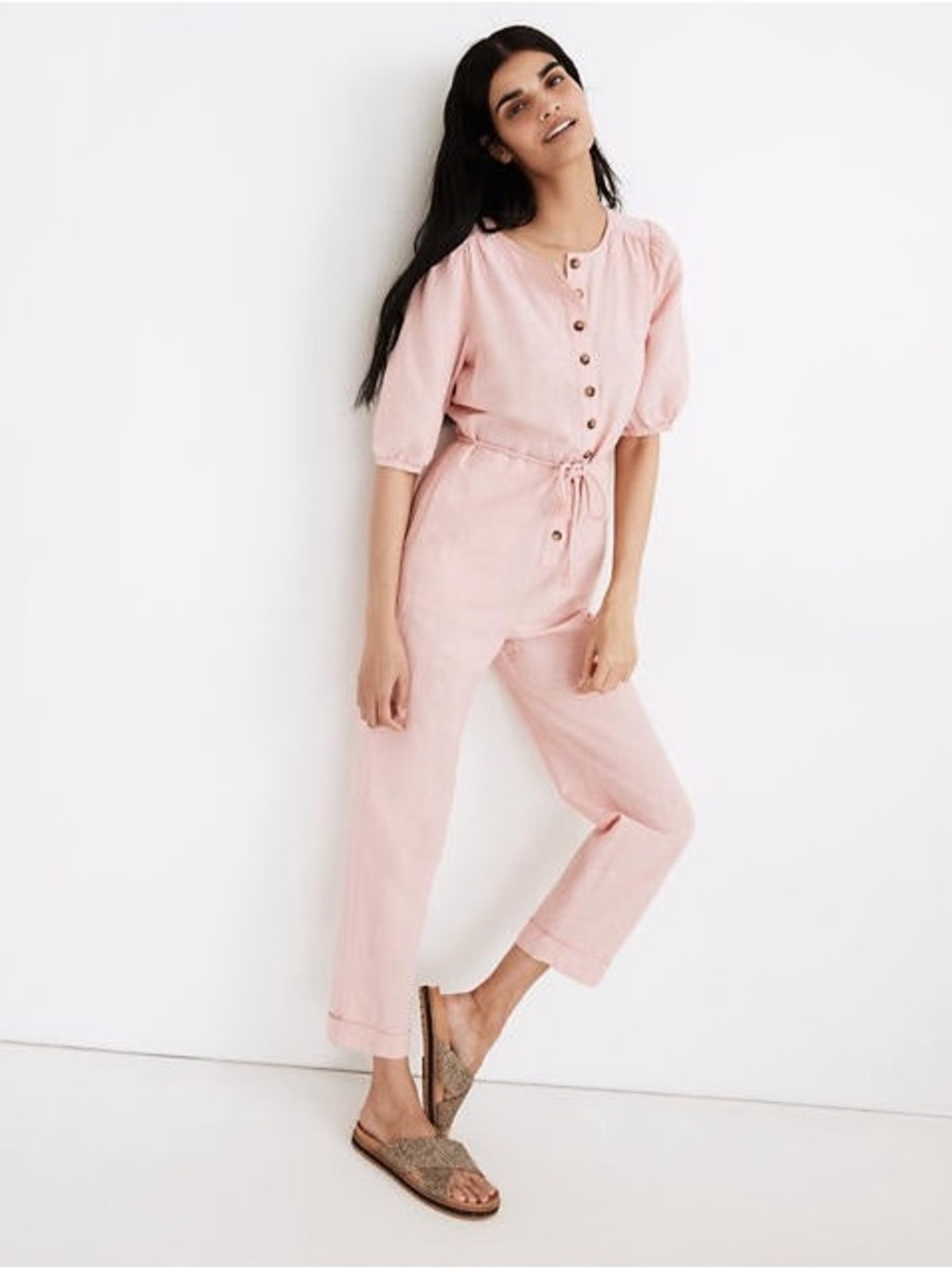 Like-New Madewell Linen-Blend Puff-Sleeve Tassel-Tie Jumpsuit